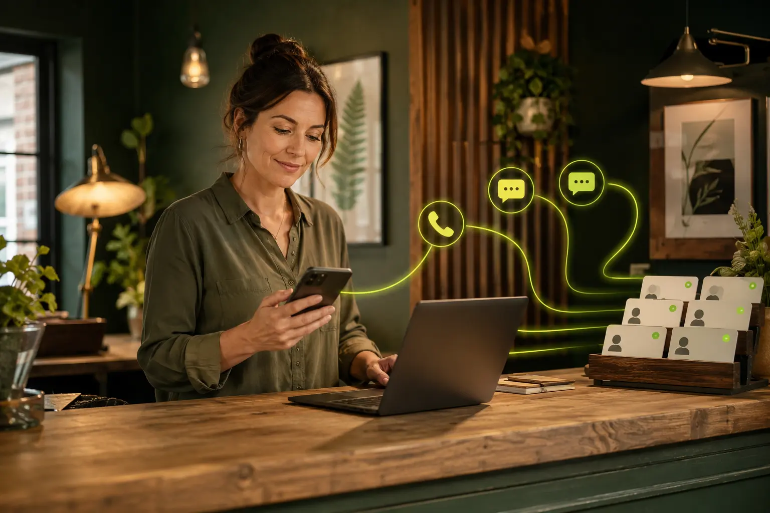 A business owner taking a call while an AI agent handles the other enquiries