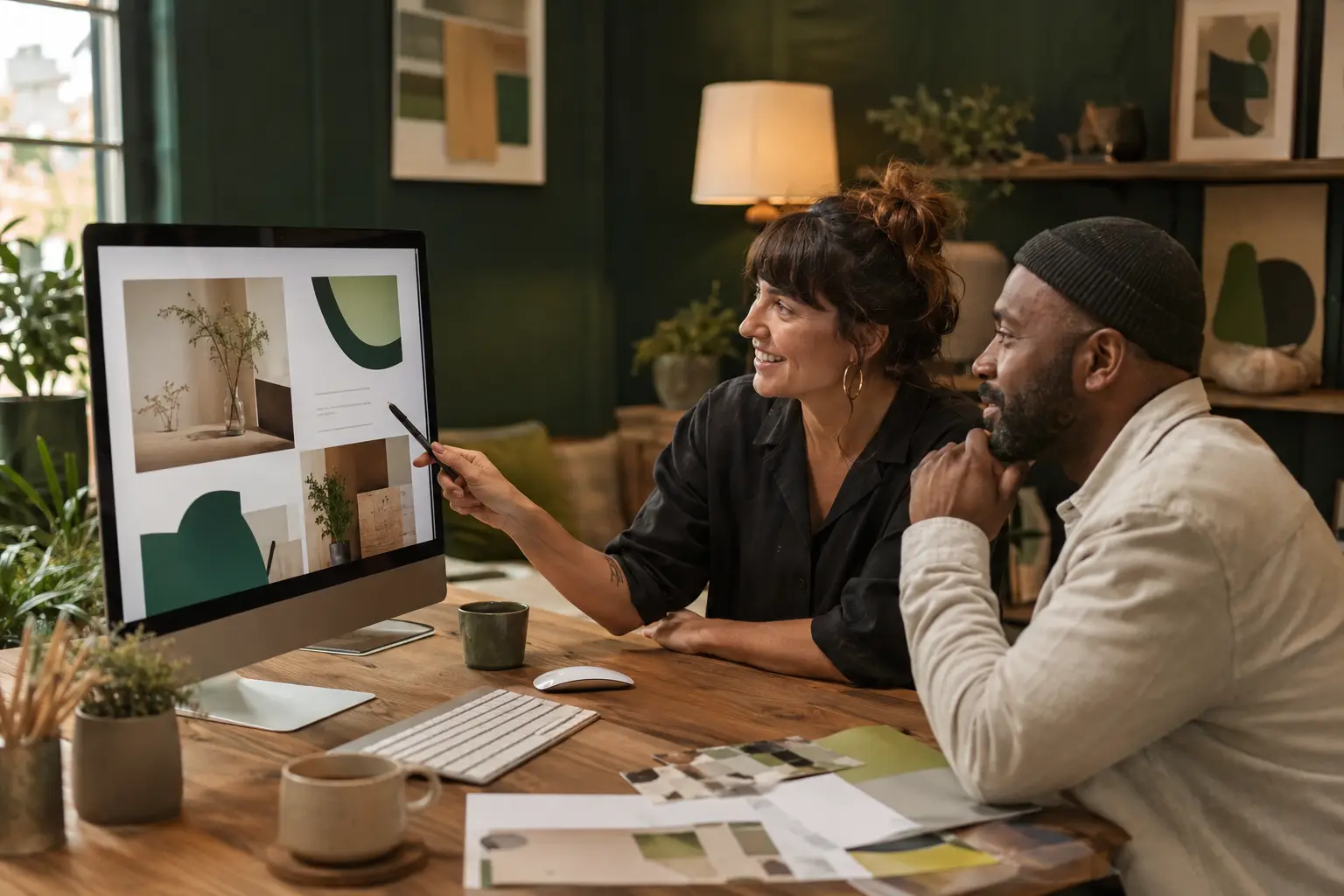 A small business owner and a designer reviewing a new website that wins work