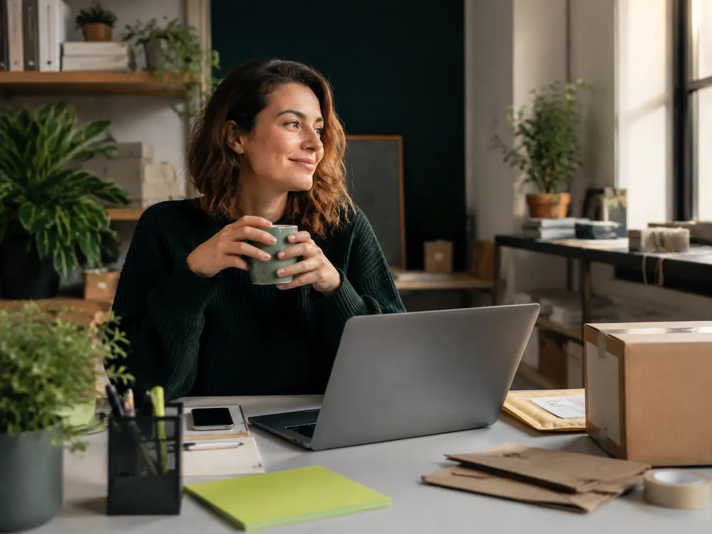 A relaxed small business owner in an organised studio while the admin runs itself